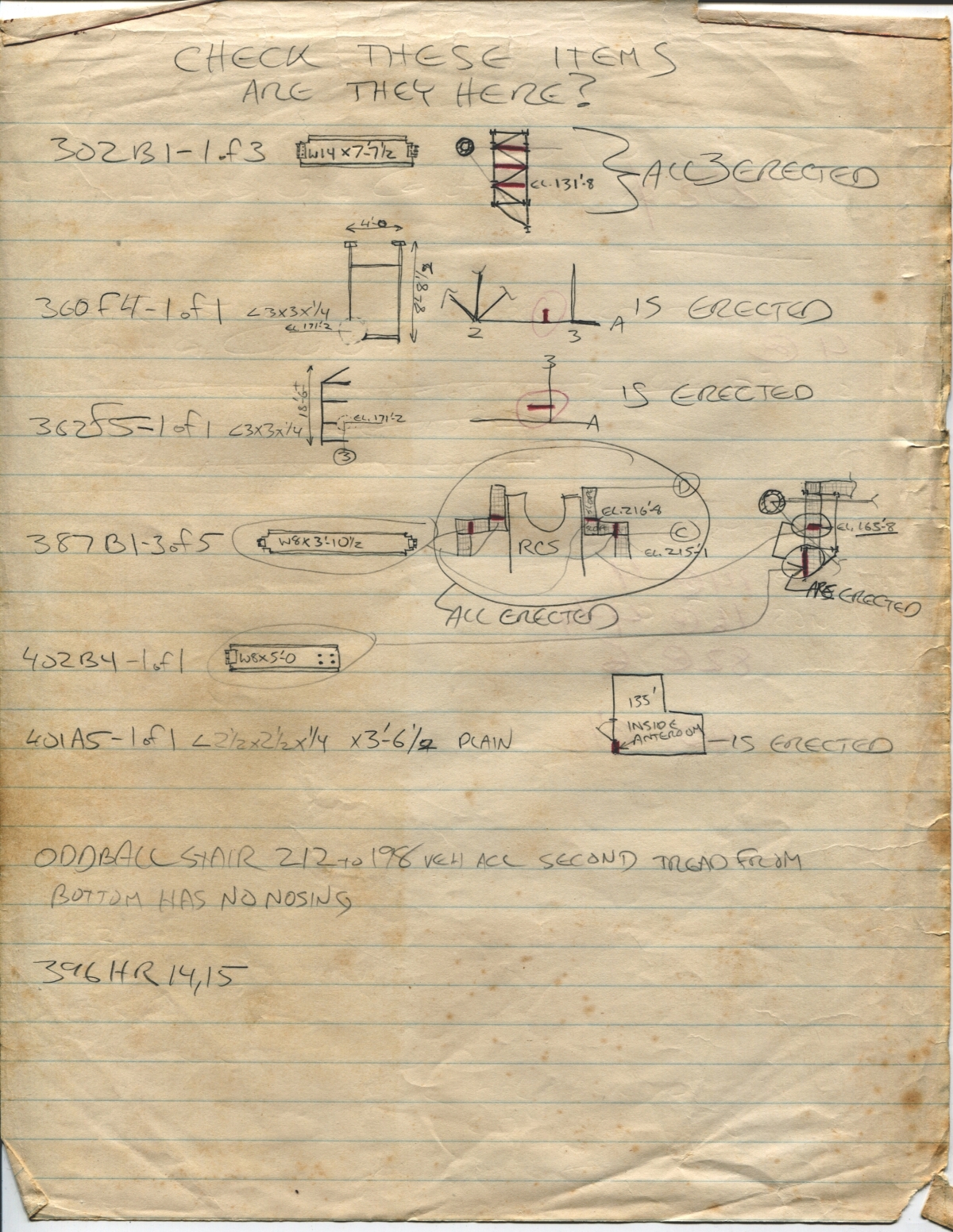 Sheffield Steel field verification sketch by James MacLaren, RSS Various steel members.